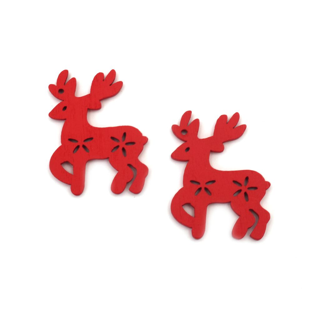 Wooden Deer for Hanging Decoration / 35x27x2 mm, Hole: 1 mm / Red - 10 pieces
