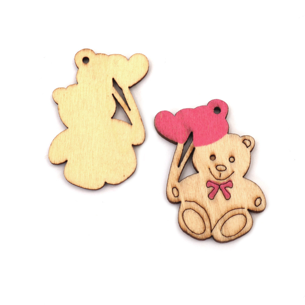 Wooden pendant bear with pink balloons heart 39x30x3 mm hole 1 mm -10 pieces