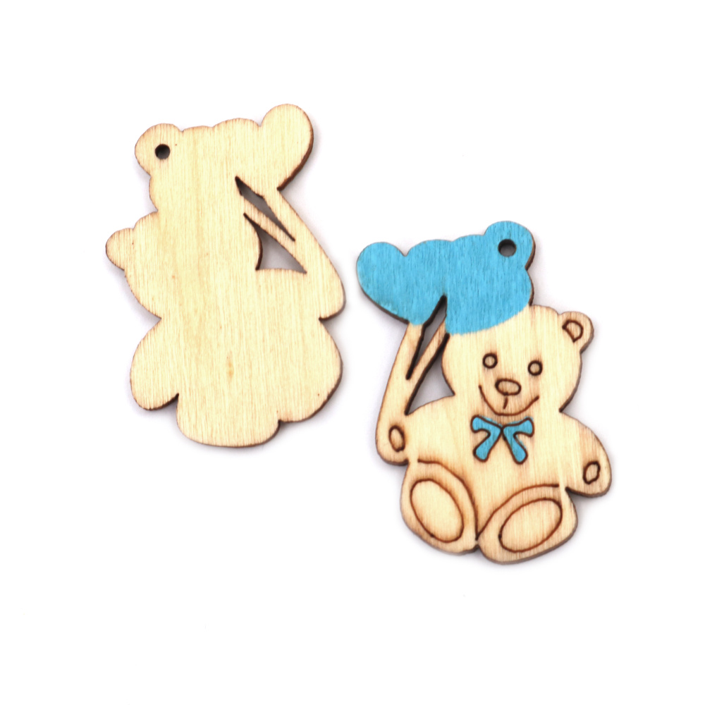 Wooden Teddy Bear for Hanging Decoration, Blue / 39x30x3 mm, Hole: 1 mm - 10 pieces