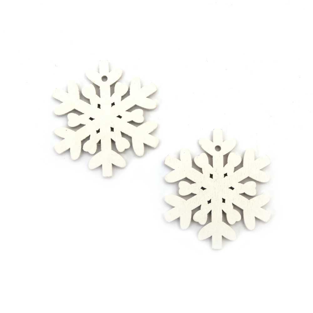 Wooden Snowflake Pendant for Christmas Decoration / 50x44x3 mm, Hole: 2.5 mm / White - 10 pieces