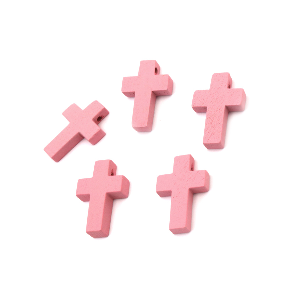 Wooden pendant, Cross 21.5x14x4.5 mm hole 2 mm pink color - 10 pieces