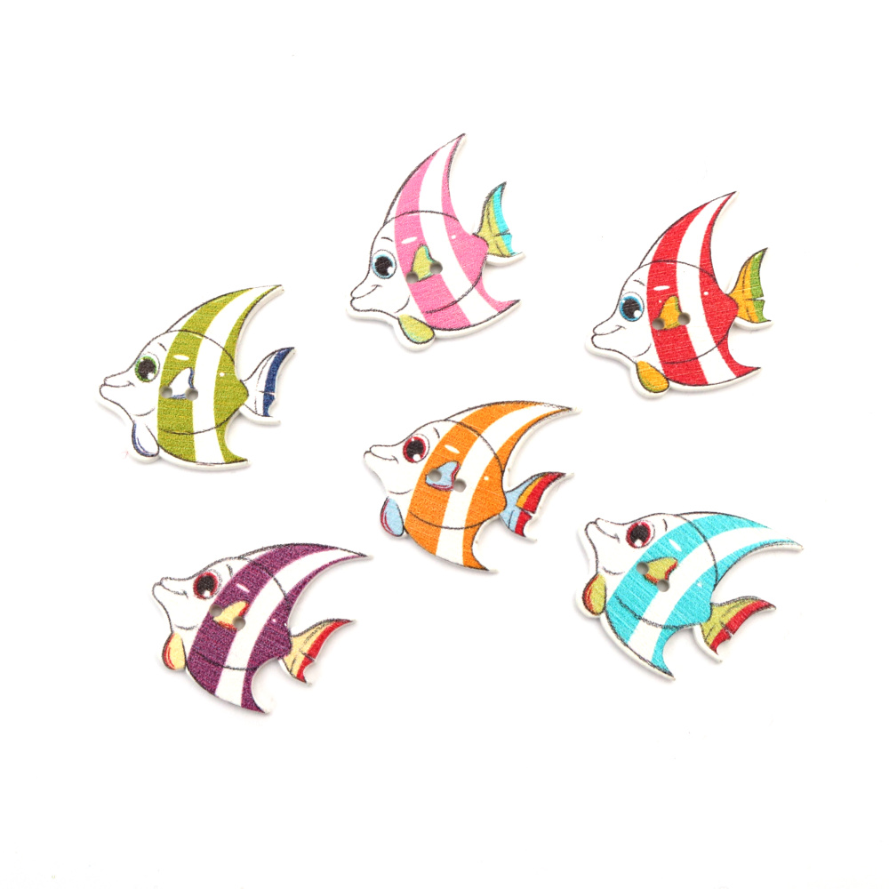 Colored Wooden Fish Buttons for Children's Accessories / 28x30x2 mm, Hole: 2 mm / MIX - 10 pieces