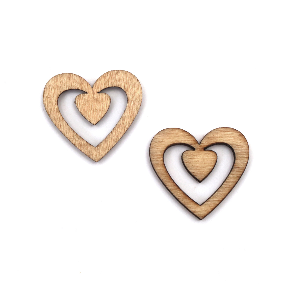 Wood Heart Shape for Decoration / 28x30x3 mm - 10 pieces