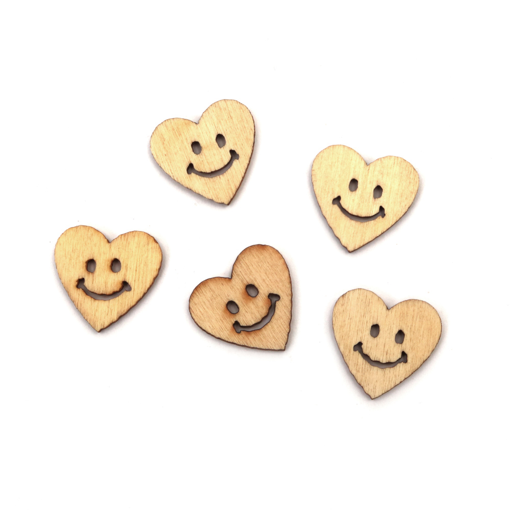 Wooden Heart Figure with a Smile 19x20x2 mm cabochon type - 10 pieces