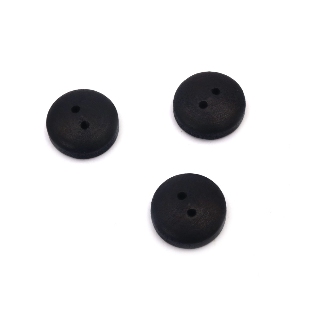 Wooden Buttons, black, round and with 2 holes, 15x5 mm, Hole: 1.5 mm, color Black - 20 pieces for DIY Sewing Craft Decorative