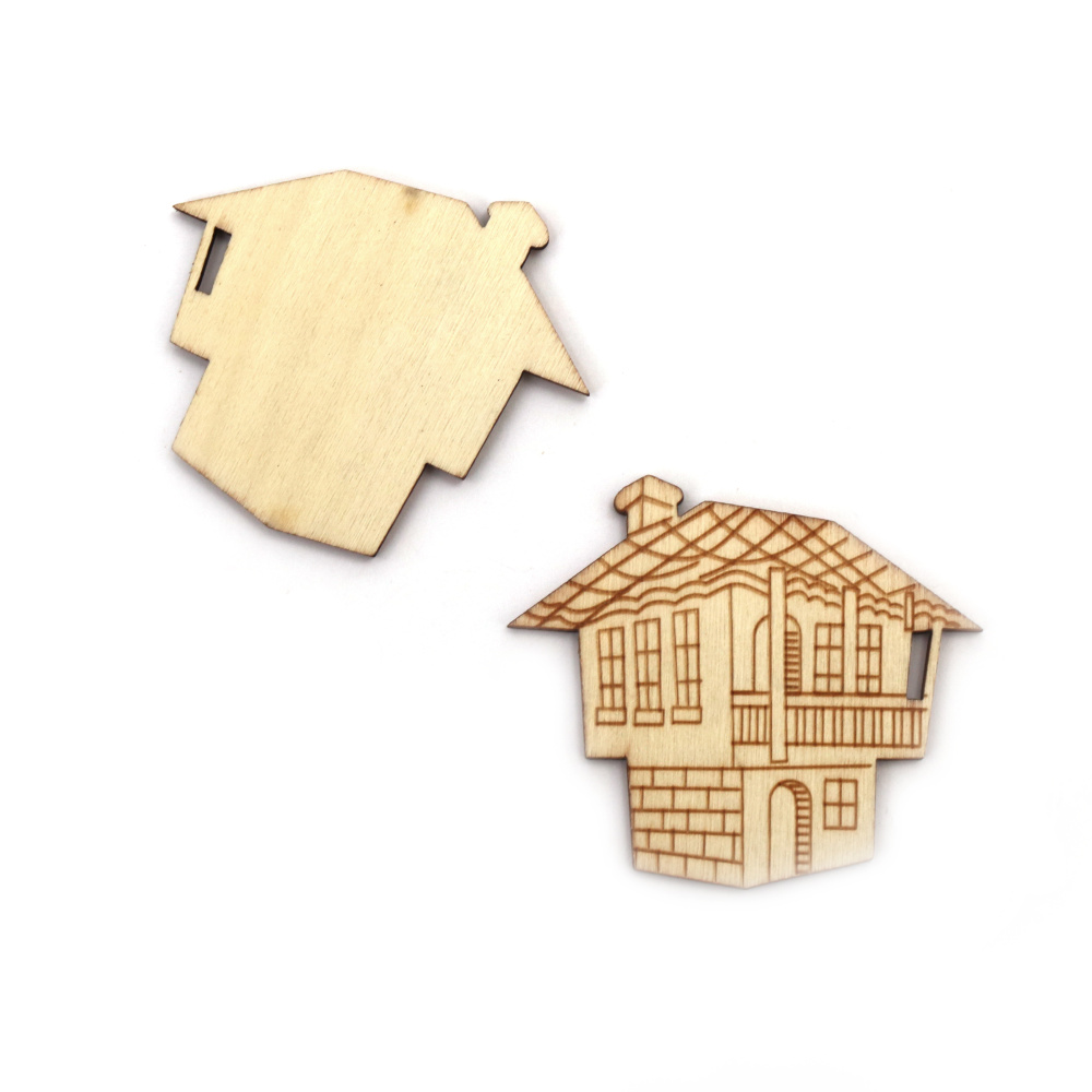 Σπίτι, ξύλινο διακοσμητικό 52x59x2,5 mm χρώμα ξύλου - 2 τεμάχια
