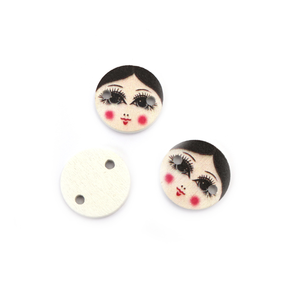 Round Wood Connecting Element with Printed Girl Face / 20x2 mm, Hole: 2 mm - 10 pieces