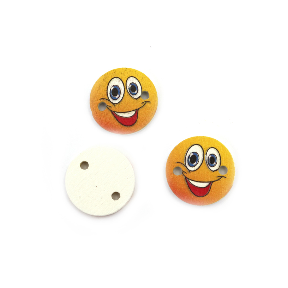 Round Wood Connecting Element with Printed Smiley Face / 20x2 mm, Hole: 2 mm - 10 pieces