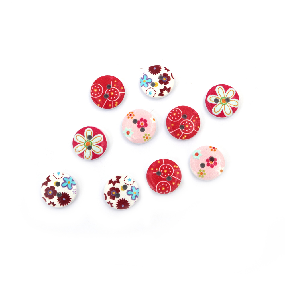 Wooden button, Circle 15x4 mm hole 2 mm, MIX, color white - 10 pieces