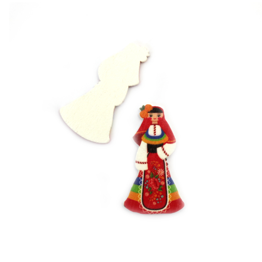 Wooden Cutout of a Maiden with Folk Costume / 44x24x2 mm - 10 pieces