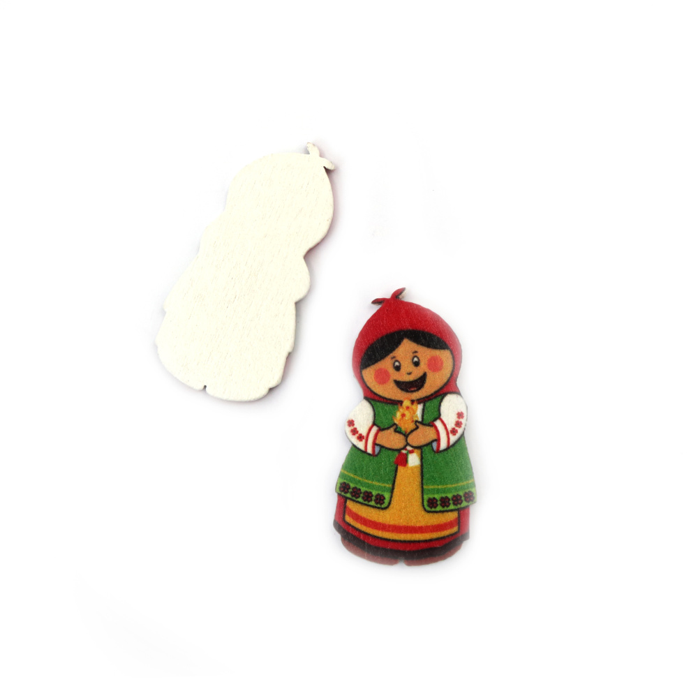 Baba Marta featuring Folk Costume, Wooden Figurine, 42x22x2 mm, Cabochon Type  - 10 pieces