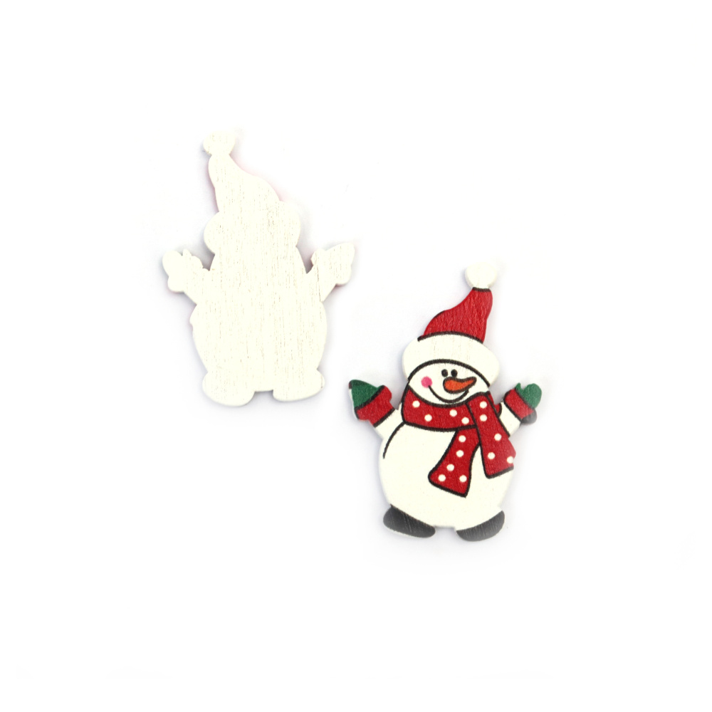 Christmas Snowman Wooden Figure, 44x30x2 mm, Cabochon Type - 10 pieces