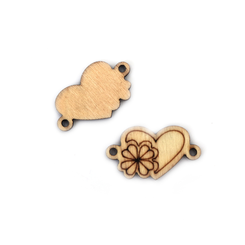 Decorative Wooden Figurine, Heart with Clover, 35x20x3 mm, 3 mm hole - 10 pieces