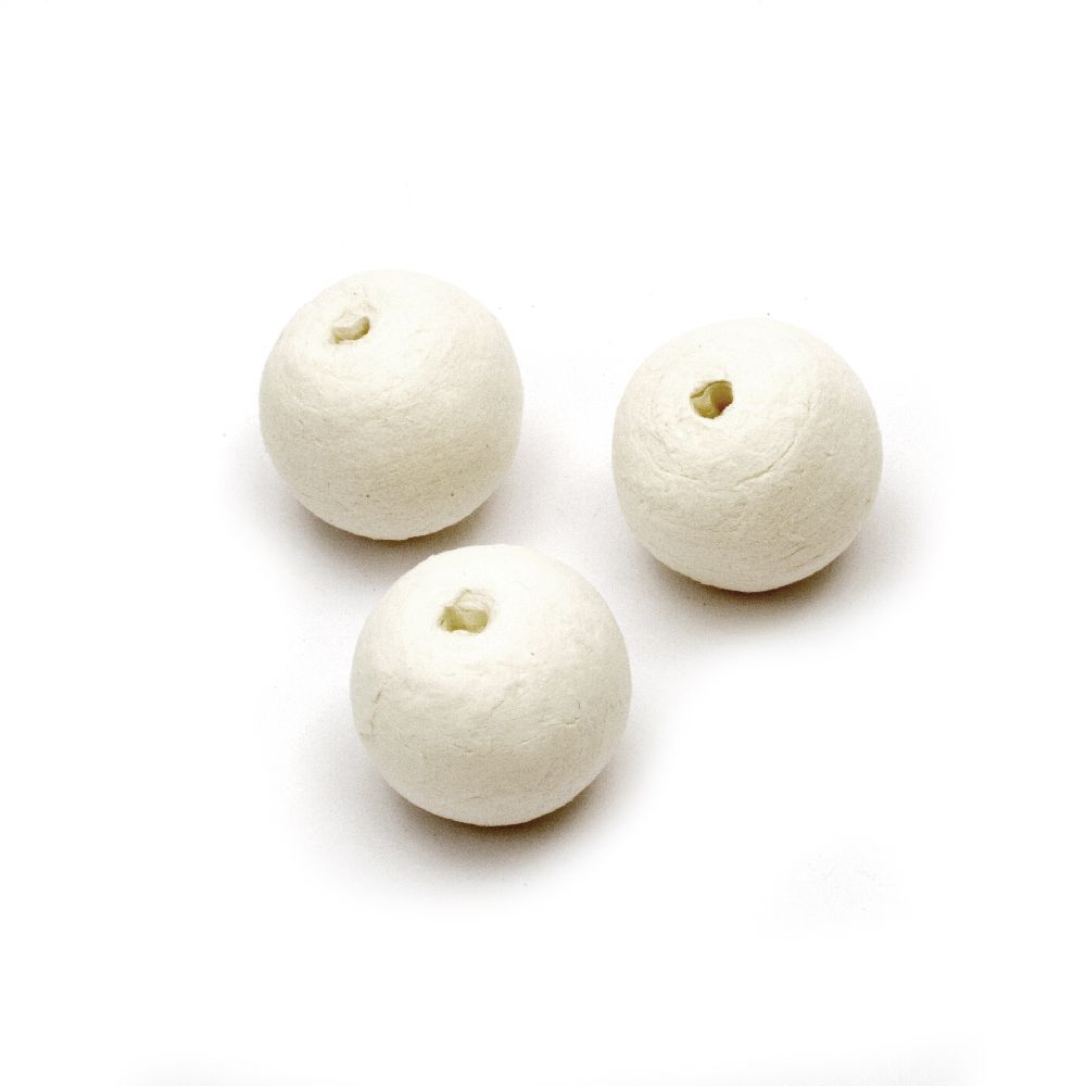 Ball-shaped Cotton Beads, 30 mm, Hole: 5 mm, White - 10 pieces