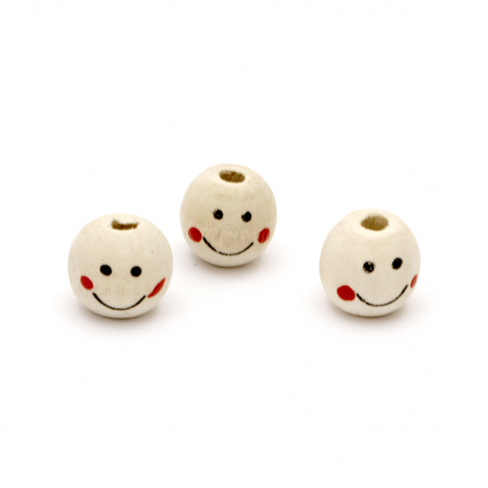Natural Unfinished Wooden Round Face Beads, Doll Heads, Smile 13x14 mm, hole 4 mm - 50 pieces