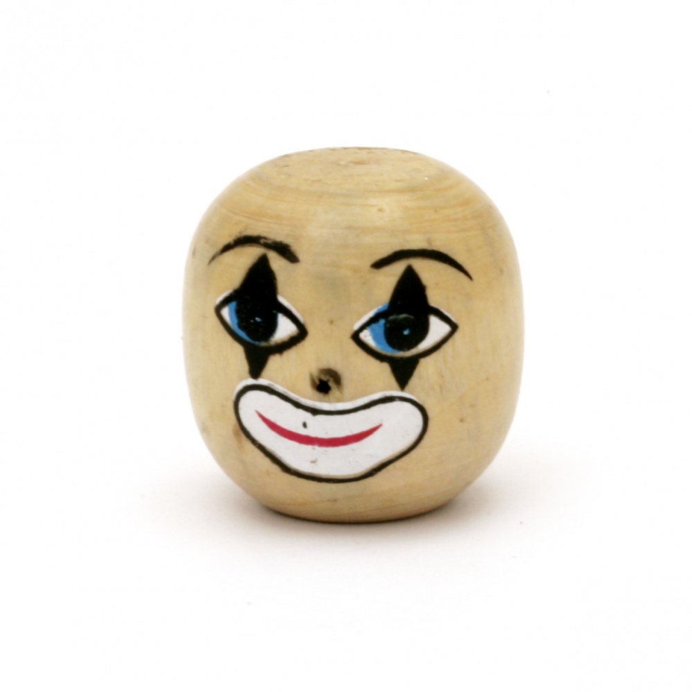 Natural Unfinished Wooden Round Face Bead, Clown Head  25x24 mm with, hole 10.5 mm - 2 pieces