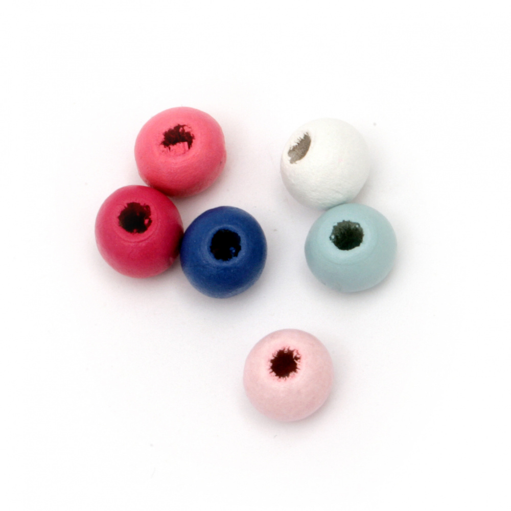 Wooden Colored Ball-shaped Beads, 7x8 mm, Hole: 2 mm, MIX -20 grams ~ 120 pieces