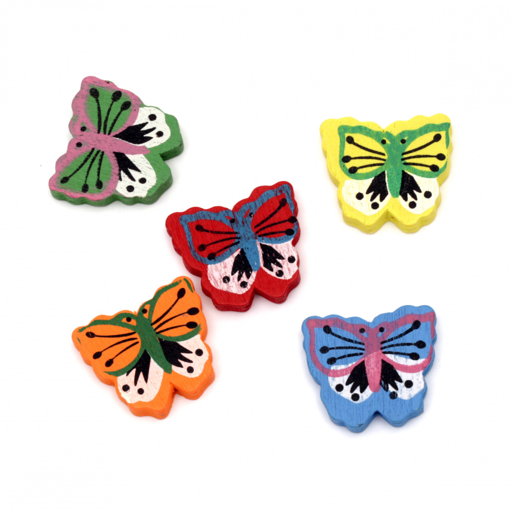 Painted natural wooden butterfly bead 26x29x5 mm hole 2 mm Assorted colors - 20 grams ~ 14 pieces