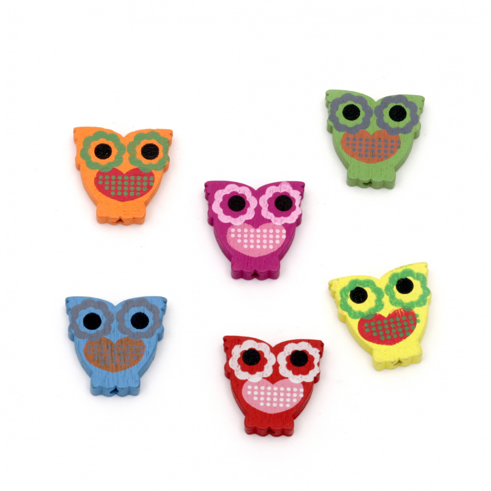 Painted natural wooden owl bead 23x23x5 mm hole 2 mm Assorted colors - 20 grams ~ 22 pieces