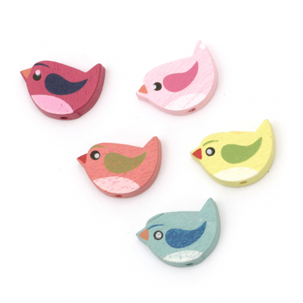 Painted natural wooden  bird bead 14.5x21.5x4.5 mm hole 2 mm Assorted colors - 10 pieces