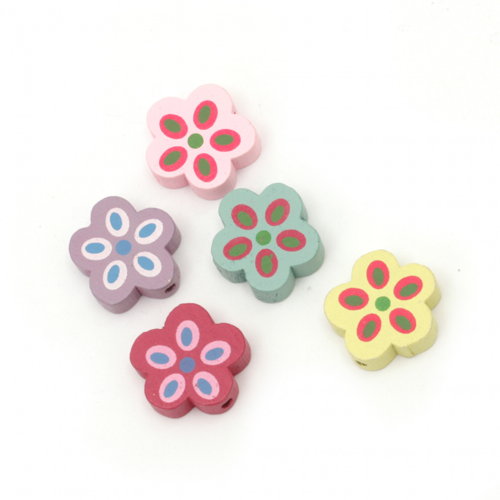 Painted natural wooden flower bead 18±19x19±20x6 mm hole 2 mm MIX - 10 pieces