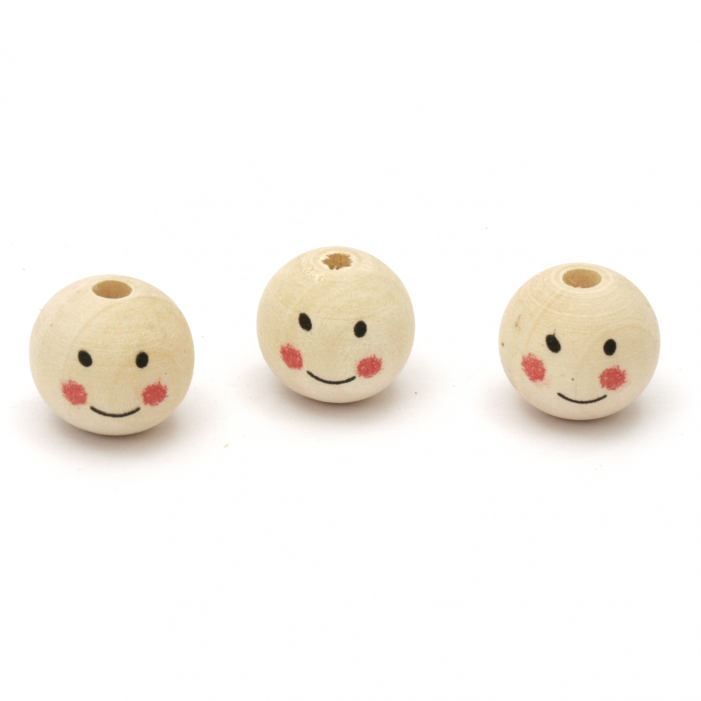 Natural Wooden Happy Face Ball, 18x20 mm, Hole: 4 mm -10 pieces