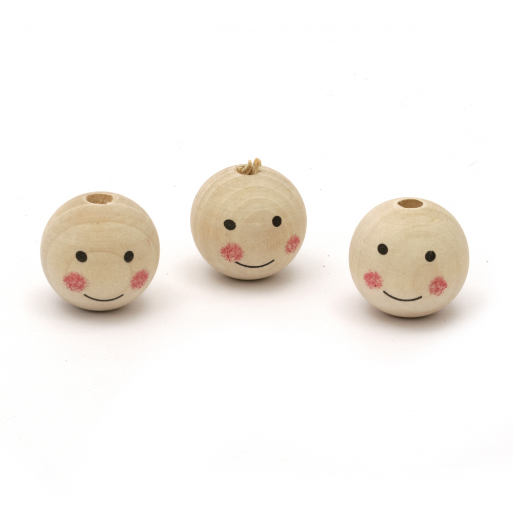 Smiling Face Wooden Ball, 23.5x25 mm, Hole: 5 mm -5 pieces