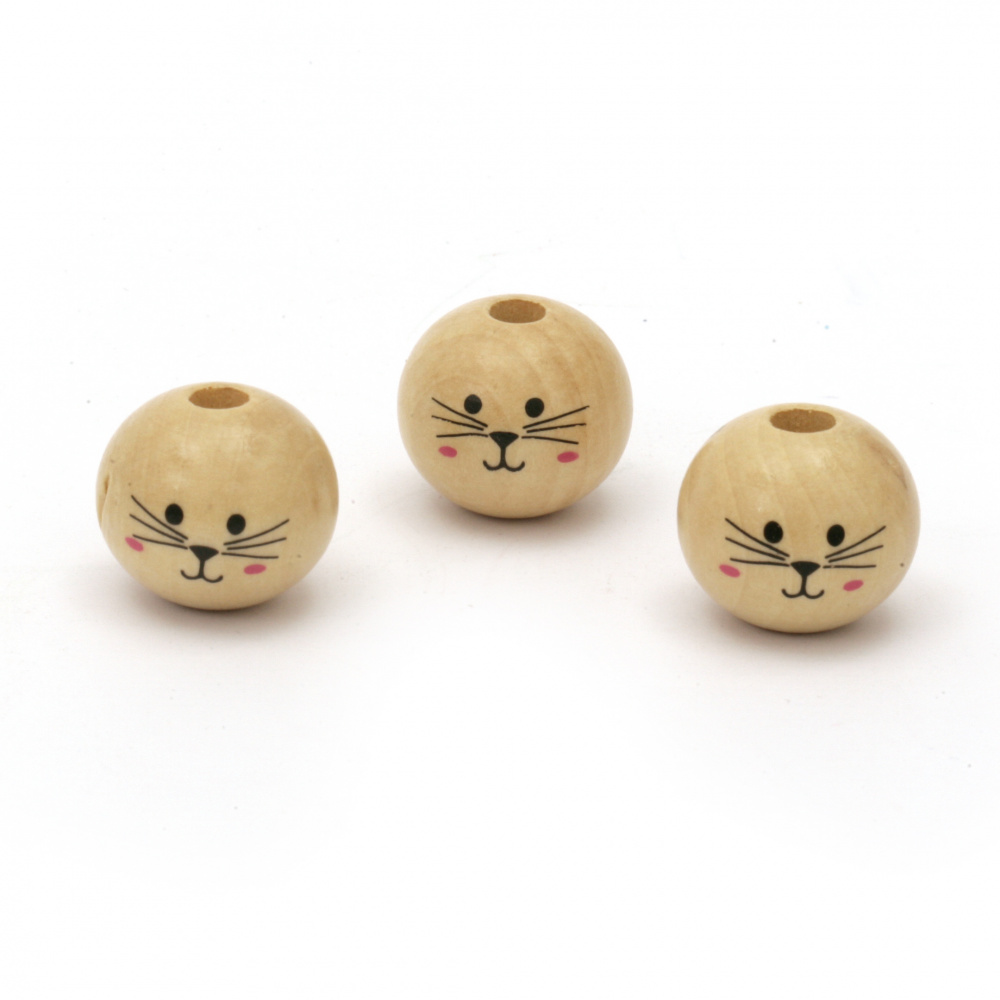 Natural Wooden Ball-shaped Bead / Smiling Kitten, 18x20 mm, Hole: 5 mm -10 pieces