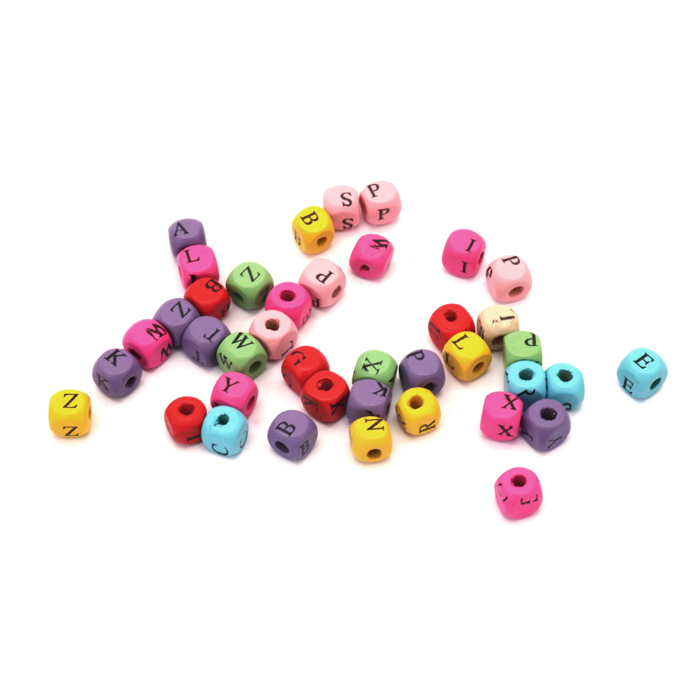 margele din lemn cu litere forma cub 8x8 mm gaura mm MIX ~107 bucati ~35 grame