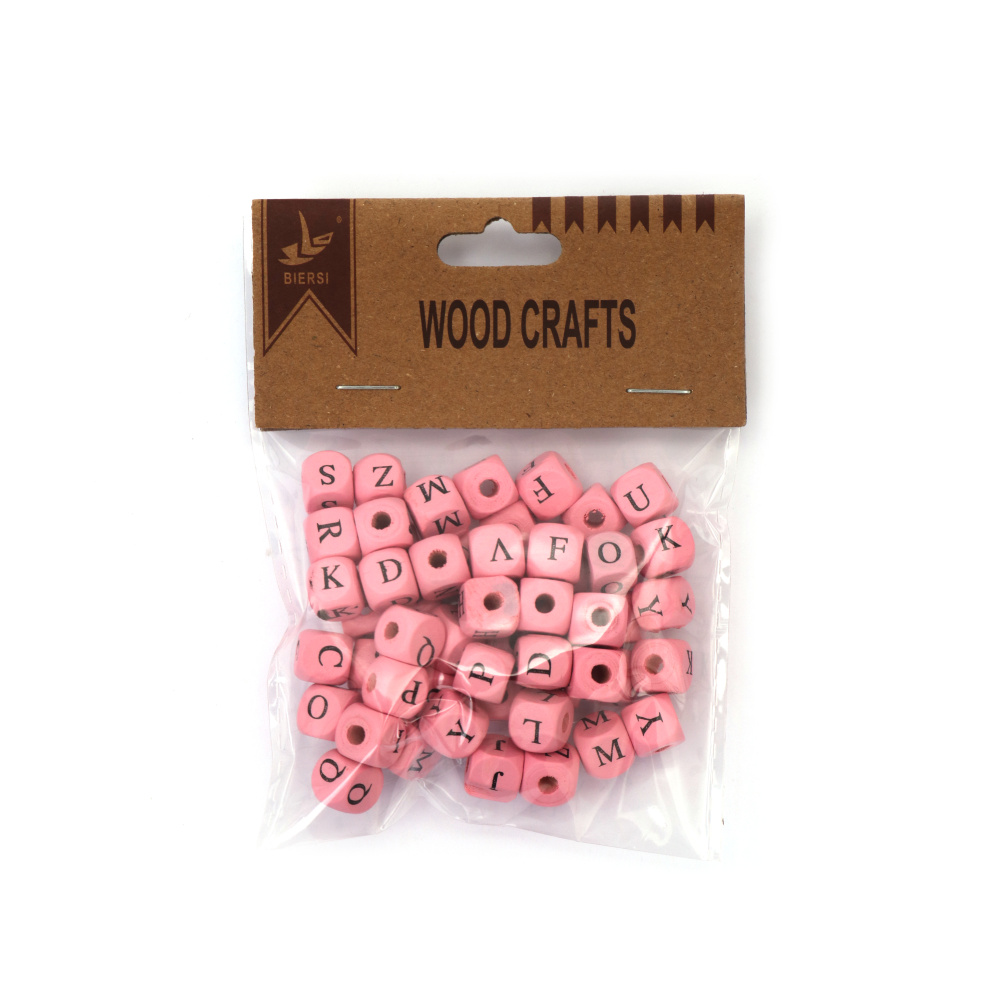 Cub din lemn de margele cu litere 10x10 mm gaura mm culoare roz ~56 bucati ~35 grame