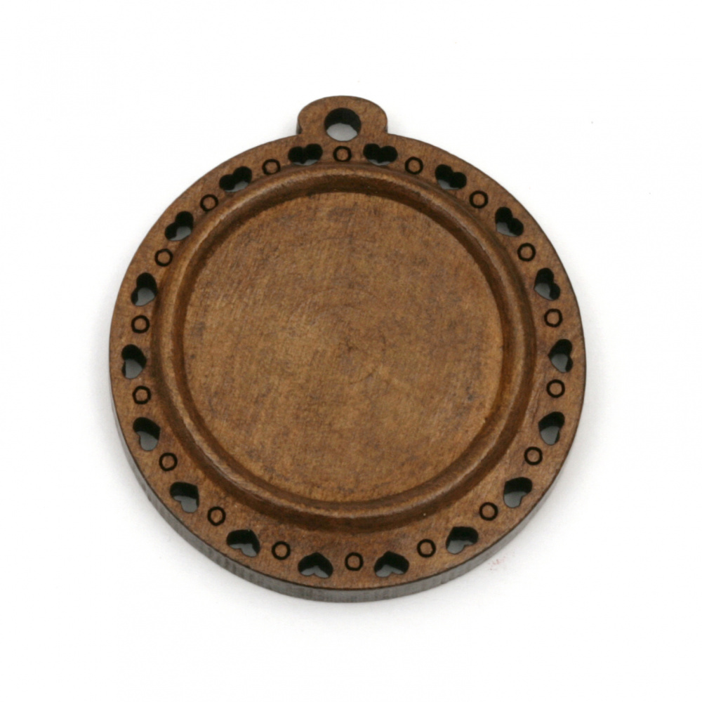 Дървена основа за медальон 40x37x5 мм плочка 25 мм дупка 2.5 мм цвят кафяв -2 броя