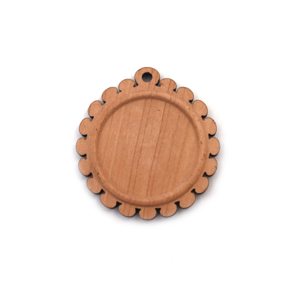 Round Wooden Base, Pendant Charm Setting, Necklace Findings for Jewelry Making, 39x37x5 mm, inner size: 25 mm, Hole: 2 mm, Natural Wood color -2 pieces