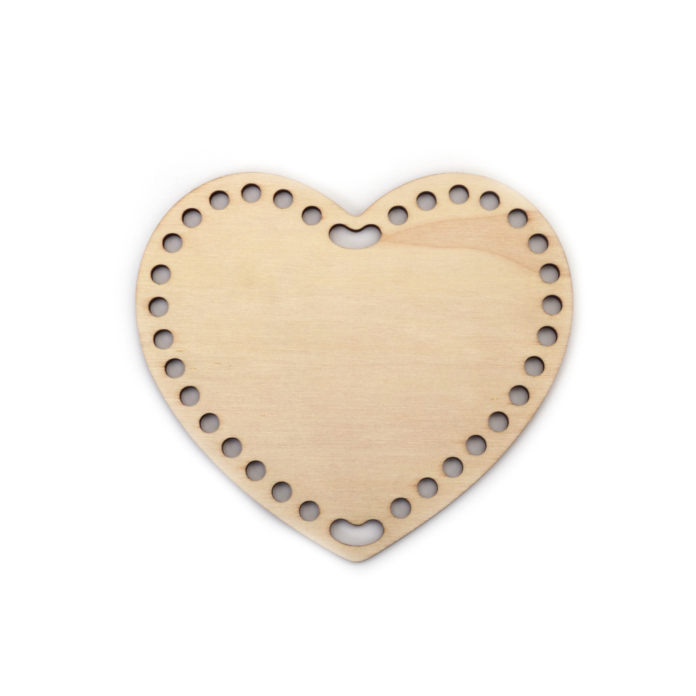 Bază din lemn pentru geantă sau coș, formă de inimă, 150x135x4 mm, gaură 6 mm, culoare lemn