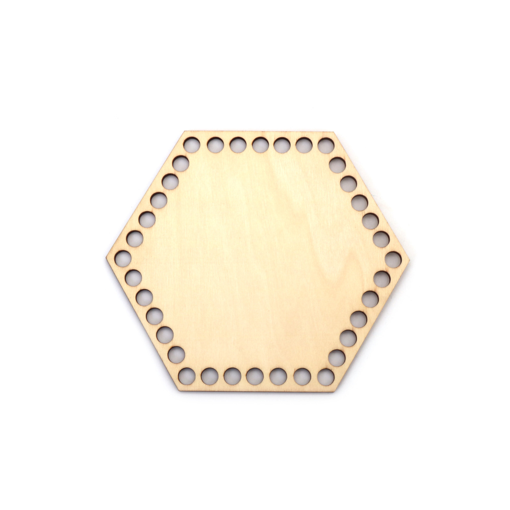 Bază din lemn pentru geantă sau coș hexagonal 150x130x4 mm, gaură 8 mm, culoare lemn
