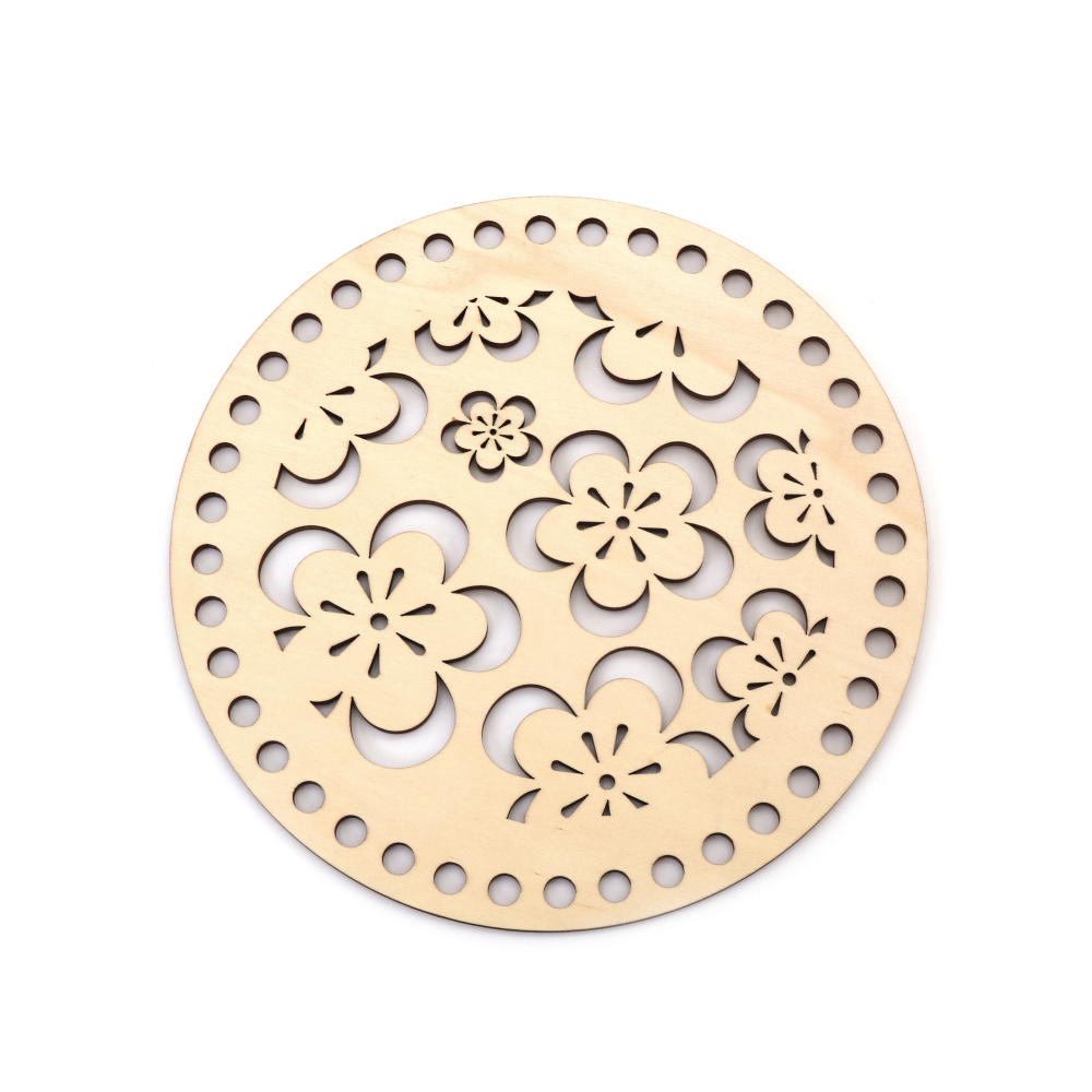 Bază din lemn pentru geantă sau coș, cerc cu ornamente florale, 200x4 mm, gaură 8 mm, culoare lemn
