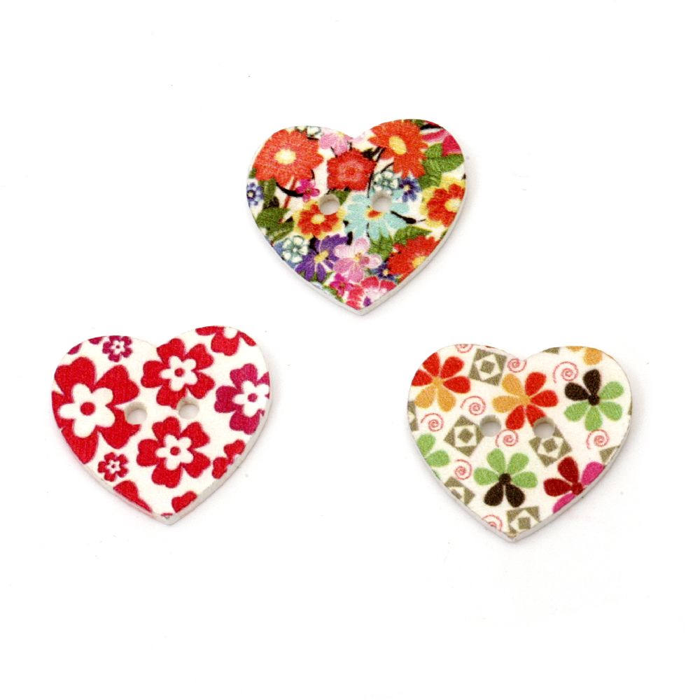 Patterned Wooden Heart Button, 22x25x3 mm, Hole: 2 mm, MIX -5 pieces