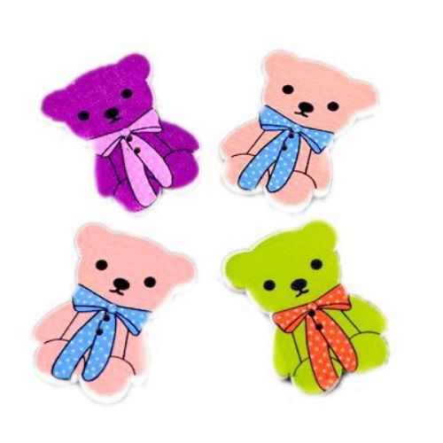 Colorful Wooden Button for Children Accessories / Teddy-bear,  32x24x2.5 mm, Hole: 2 mm, MIX -10 pieces