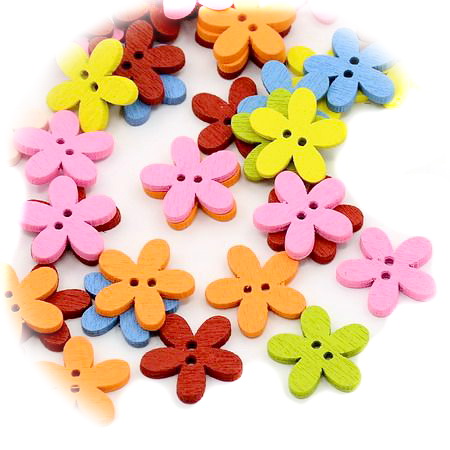 Flower shaped wooden button 15x15x2 mm hole 1 mm mix - 20 pieces