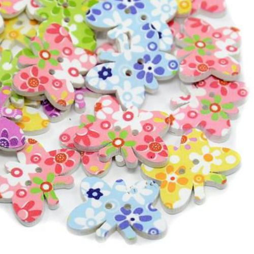 Butterfly shaped wooden button, flat with print  28.5x21x3 mm hole 1 mm mix - 10 pieces