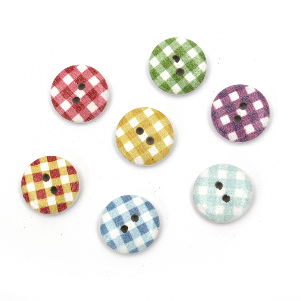 Round wooden button, flat with print 15x4 mm, 1 mm hole - 10 pieces