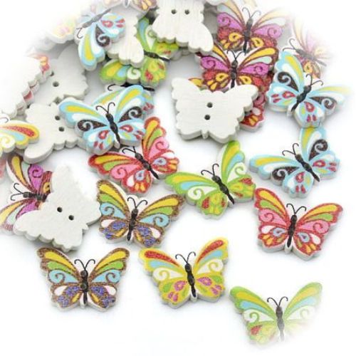 Butterfly shaped wooden button, flat with print  17x23x2 mm hole 1 mm mix - 10 pieces