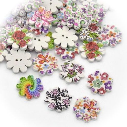 Printed Wooden Flower Button, 20x19x3 mm, Hole: 1.5 mm, MIX -10 pieces