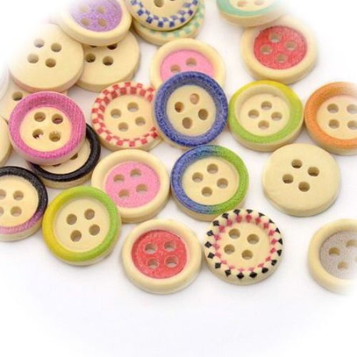 Wood button, Flat Round, painted, Mixed color  15x4 mm, 2 mm hole, 10 pcs