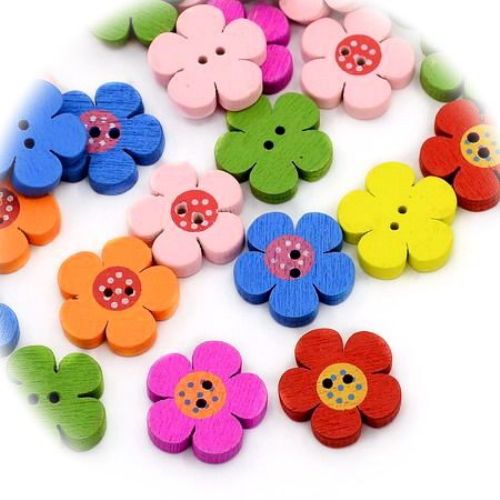 Flower shaped wooden button 19x19x4 mm hole 2 mm - 10 pieces