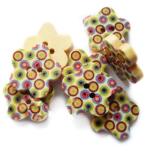 Flower shaped wooden button, flat with print 18x3 mm hole 1.5 mm mix - 5 pieces