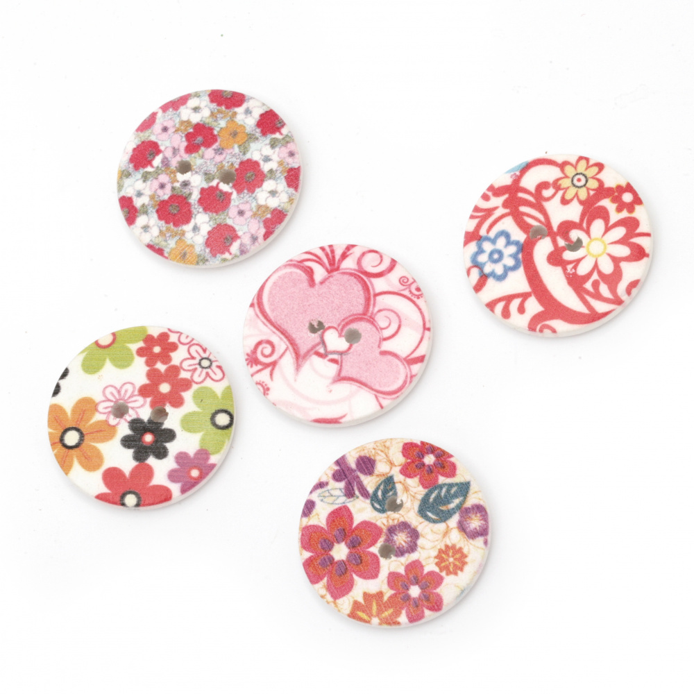 Patterned Round Wooden Button, 30x5 mm, Hole: 3 mm, MIX -5 pieces