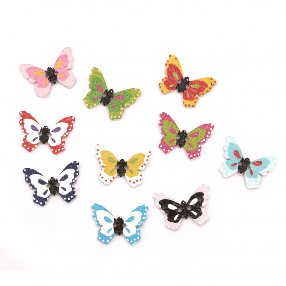Butterfly shaped wooden button, flat with print 18x24x2.5 mm hole 1 mm mix - 10 pieces