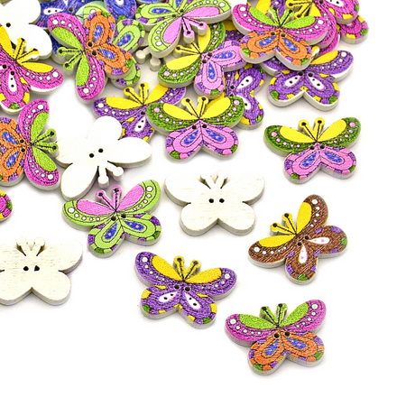 Butterfly shaped wooden button, flat with print 17x25x2 mm hole 1 mm MIX -10 pieces