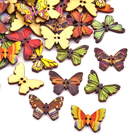 Butterfly shaped wooden button, flat with print 17x24.5x2 mm hole 1 mm mix - 10 pieces