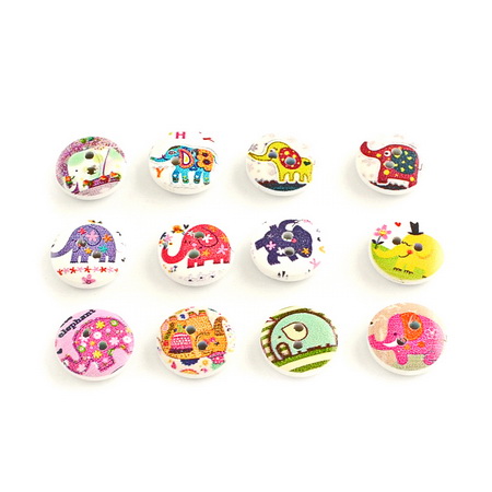 Round wooden button, flat with printed elephant 15x4mm, 2mm hole - 10 pieces
